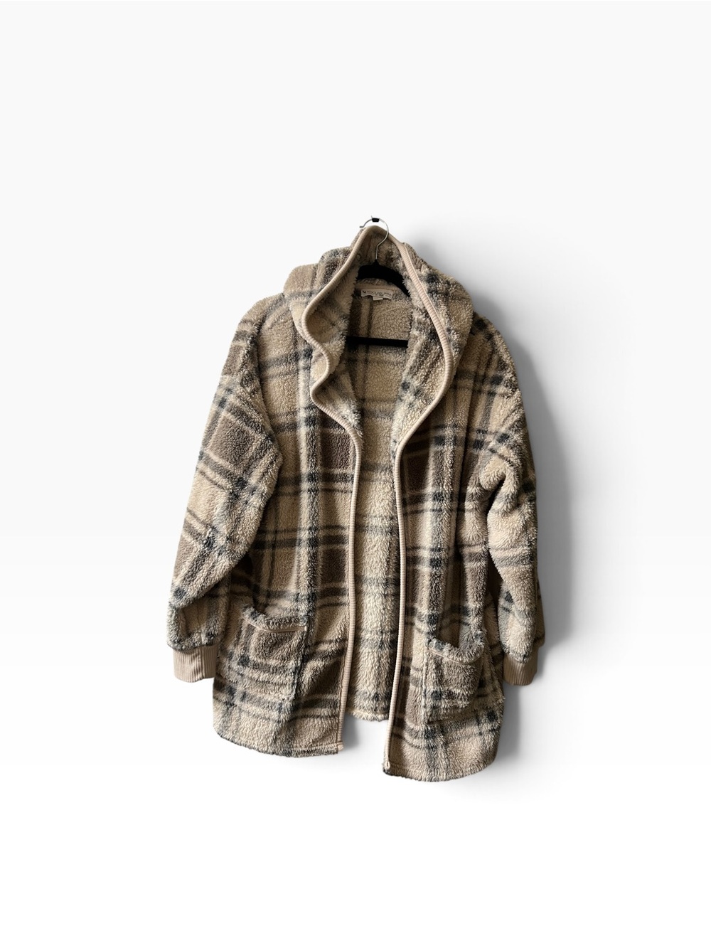 Koolaburra by UGG Plaid Brushed Back Sherpa Hooded Cardigan Jacket, size L